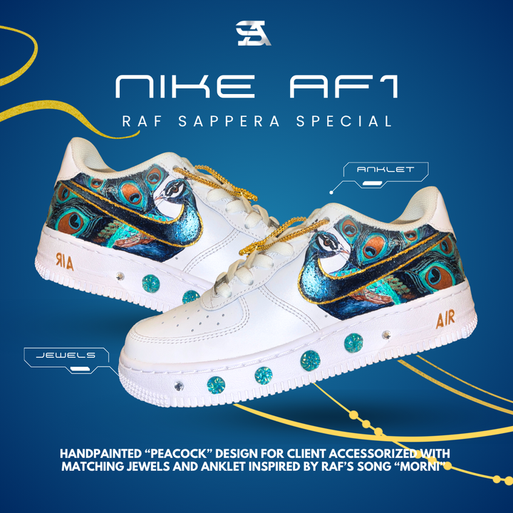 Hand-painted peacock design Nike Air Force 1s with matching jewels